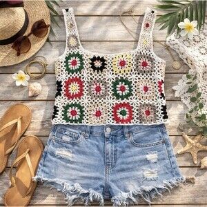 Boho Crochet Granny Square Tank Top Festival Coastal Cottagecore Summer Crop Med